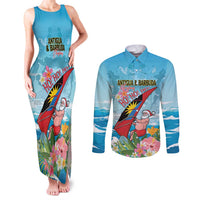 Personalized Antigua and Barbuda Christmas Couples Matching Tank Maxi Dress and Long Sleeve Button Shirt Windsurfing Santa Caribbean Tropical Style - Wonder Print Shop