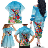 Personalized Antigua and Barbuda Christmas Family Matching Off The Shoulder Long Sleeve Dress and Hawaiian Shirt Windsurfing Santa Caribbean Tropical Style - Wonder Print Shop
