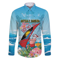 Personalized Antigua and Barbuda Christmas Family Matching Off The Shoulder Long Sleeve Dress and Hawaiian Shirt Windsurfing Santa Caribbean Tropical Style - Wonder Print Shop