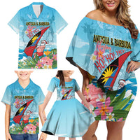 Personalized Antigua and Barbuda Christmas Family Matching Off Shoulder Short Dress and Hawaiian Shirt Windsurfing Santa Caribbean Tropical Style - Wonder Print Shop