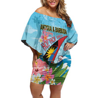 Personalized Antigua and Barbuda Christmas Off Shoulder Short Dress Windsurfing Santa Caribbean Tropical Style - Wonder Print Shop