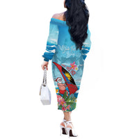 Personalized Antigua and Barbuda Christmas Off The Shoulder Long Sleeve Dress Windsurfing Santa Caribbean Tropical Style - Wonder Print Shop