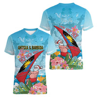 Personalized Antigua and Barbuda Christmas Women V-Neck T-Shirt Windsurfing Santa Caribbean Tropical Style - Wonder Print Shop