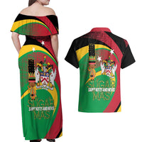 St Kitts and Nevis Sugar Mas Couples Matching Off Shoulder Maxi Dress and Hawaiian Shirt Caribbean Masquerade Flag Color - Wonder Print Shop