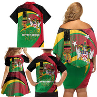 St Kitts and Nevis Sugar Mas Family Matching Off Shoulder Short Dress and Hawaiian Shirt Caribbean Masquerade Flag Color - Wonder Print Shop
