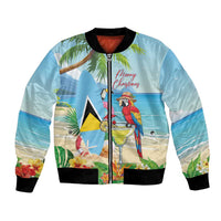 Personalized Saint Lucia Christmas Bomber Jacket Chill Macaw Parrot Caribbean Tropical Style - Wonder Print Shop