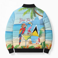 Personalized Saint Lucia Christmas Bomber Puffer Jacket Chill Macaw Parrot Caribbean Tropical Style - Wonder Print Shop