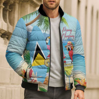 Personalized Saint Lucia Christmas Bomber Puffer Jacket Chill Macaw Parrot Caribbean Tropical Style - Wonder Print Shop