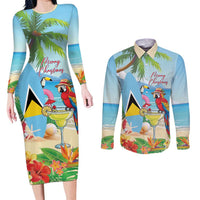 Personalized Saint Lucia Christmas Couples Matching Long Sleeve Bodycon Dress and Long Sleeve Button Shirt Chill Macaw Parrot Caribbean Tropical Style - Wonder Print Shop
