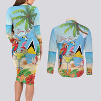 Personalized Saint Lucia Christmas Couples Matching Long Sleeve Bodycon Dress and Long Sleeve Button Shirt Chill Macaw Parrot Caribbean Tropical Style - Wonder Print Shop