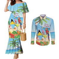 Personalized Saint Lucia Christmas Couples Matching Mermaid Dress and Long Sleeve Button Shirt Chill Macaw Parrot Caribbean Tropical Style - Wonder Print Shop