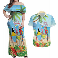 Personalized Saint Lucia Christmas Couples Matching Off Shoulder Maxi Dress and Hawaiian Shirt Chill Macaw Parrot Caribbean Tropical Style - Wonder Print Shop