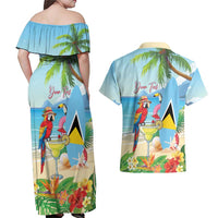 Personalized Saint Lucia Christmas Couples Matching Off Shoulder Maxi Dress and Hawaiian Shirt Chill Macaw Parrot Caribbean Tropical Style - Wonder Print Shop