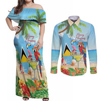 Personalized Saint Lucia Christmas Couples Matching Off Shoulder Maxi Dress and Long Sleeve Button Shirt Chill Macaw Parrot Caribbean Tropical Style - Wonder Print Shop