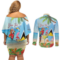 Personalized Saint Lucia Christmas Couples Matching Off Shoulder Short Dress and Long Sleeve Button Shirt Chill Macaw Parrot Caribbean Tropical Style - Wonder Print Shop