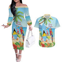 Personalized Saint Lucia Christmas Couples Matching Off The Shoulder Long Sleeve Dress and Hawaiian Shirt Chill Macaw Parrot Caribbean Tropical Style - Wonder Print Shop