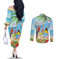 Personalized Saint Lucia Christmas Couples Matching Off The Shoulder Long Sleeve Dress and Long Sleeve Button Shirt Chill Macaw Parrot Caribbean Tropical Style - Wonder Print Shop