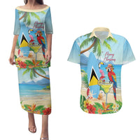 Personalized Saint Lucia Christmas Couples Matching Puletasi and Hawaiian Shirt Chill Macaw Parrot Caribbean Tropical Style - Wonder Print Shop
