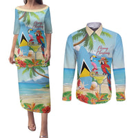 Personalized Saint Lucia Christmas Couples Matching Puletasi and Long Sleeve Button Shirt Chill Macaw Parrot Caribbean Tropical Style - Wonder Print Shop