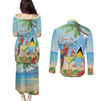 Personalized Saint Lucia Christmas Couples Matching Puletasi and Long Sleeve Button Shirt Chill Macaw Parrot Caribbean Tropical Style - Wonder Print Shop
