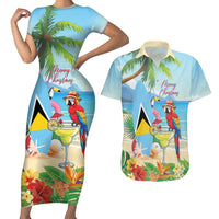 Personalized Saint Lucia Christmas Couples Matching Short Sleeve Bodycon Dress and Hawaiian Shirt Chill Macaw Parrot Caribbean Tropical Style - Wonder Print Shop