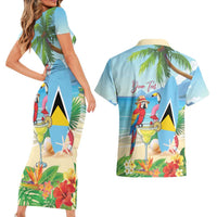 Personalized Saint Lucia Christmas Couples Matching Short Sleeve Bodycon Dress and Hawaiian Shirt Chill Macaw Parrot Caribbean Tropical Style - Wonder Print Shop