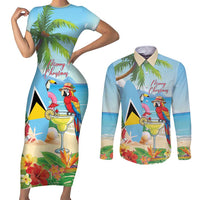 Personalized Saint Lucia Christmas Couples Matching Short Sleeve Bodycon Dress and Long Sleeve Button Shirt Chill Macaw Parrot Caribbean Tropical Style - Wonder Print Shop
