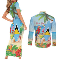Personalized Saint Lucia Christmas Couples Matching Short Sleeve Bodycon Dress and Long Sleeve Button Shirt Chill Macaw Parrot Caribbean Tropical Style - Wonder Print Shop