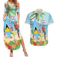 Personalized Saint Lucia Christmas Couples Matching Summer Maxi Dress and Hawaiian Shirt Chill Macaw Parrot Caribbean Tropical Style - Wonder Print Shop