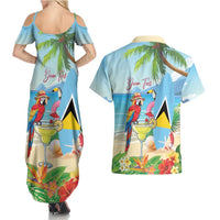 Personalized Saint Lucia Christmas Couples Matching Summer Maxi Dress and Hawaiian Shirt Chill Macaw Parrot Caribbean Tropical Style - Wonder Print Shop