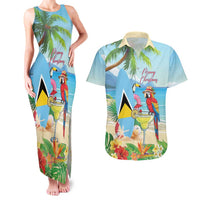 Personalized Saint Lucia Christmas Couples Matching Tank Maxi Dress and Hawaiian Shirt Chill Macaw Parrot Caribbean Tropical Style - Wonder Print Shop