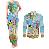 Personalized Saint Lucia Christmas Couples Matching Tank Maxi Dress and Long Sleeve Button Shirt Chill Macaw Parrot Caribbean Tropical Style - Wonder Print Shop