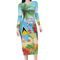 Personalized Saint Lucia Christmas Family Matching Long Sleeve Bodycon Dress and Hawaiian Shirt Chill Macaw Parrot Caribbean Tropical Style - Wonder Print Shop
