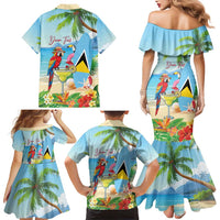 Personalized Saint Lucia Christmas Family Matching Mermaid Dress and Hawaiian Shirt Chill Macaw Parrot Caribbean Tropical Style - Wonder Print Shop