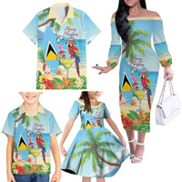 Personalized Saint Lucia Christmas Family Matching Off The Shoulder Long Sleeve Dress and Hawaiian Shirt Chill Macaw Parrot Caribbean Tropical Style - Wonder Print Shop