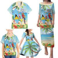 Personalized Saint Lucia Christmas Family Matching Puletasi and Hawaiian Shirt Chill Macaw Parrot Caribbean Tropical Style - Wonder Print Shop