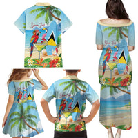 Personalized Saint Lucia Christmas Family Matching Puletasi and Hawaiian Shirt Chill Macaw Parrot Caribbean Tropical Style - Wonder Print Shop