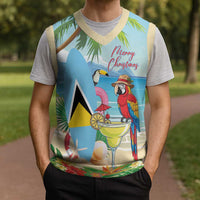 Personalized Saint Lucia Christmas Knitted V-Neck Vest Chill Macaw Parrot Caribbean Tropical Style - Wonder Print Shop