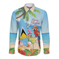 Personalized Saint Lucia Christmas Long Sleeve Button Shirt Chill Macaw Parrot Caribbean Tropical Style - Wonder Print Shop