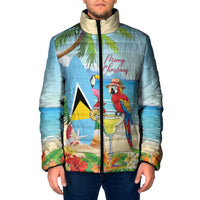 Personalized Saint Lucia Christmas Padded Jacket Chill Macaw Parrot Caribbean Tropical Style - Wonder Print Shop
