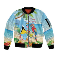 Personalized Saint Lucia Christmas Sleeve Zip Bomber Jacket Chill Macaw Parrot Caribbean Tropical Style - Wonder Print Shop