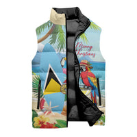 Personalized Saint Lucia Christmas Sleeveless Puffer Jacket Chill Macaw Parrot Caribbean Tropical Style - Wonder Print Shop