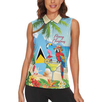 Personalized Saint Lucia Christmas Women Sleeveless Polo Shirt Chill Macaw Parrot Caribbean Tropical Style - Wonder Print Shop