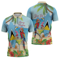 Personalized Saint Lucia Christmas Zipper Polo Shirt Chill Macaw Parrot Caribbean Tropical Style - Wonder Print Shop