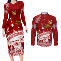 Personalised Tonga King Tupou I Day Couples Matching Long Sleeve Bodycon Dress and Long Sleeve Button Shirt Tongan Ngatu Pattern With Crown - Wonder Print Shop