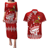Personalised Tonga King Tupou I Day Couples Matching Puletasi Dress and Hawaiian Shirt Tongan Ngatu Pattern With Crown - Wonder Print Shop