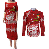 Personalised Tonga King Tupou I Day Couples Matching Puletasi Dress and Long Sleeve Button Shirt Tongan Ngatu Pattern With Crown - Wonder Print Shop