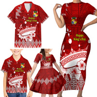 Personalised Tonga King Tupou I Day Family Matching Short Sleeve Bodycon Dress and Hawaiian Shirt Tongan Ngatu Pattern With Crown - Wonder Print Shop