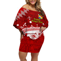 Personalised Tonga King Tupou I Day Off Shoulder Short Dress Tongan Ngatu Pattern With Crown - Wonder Print Shop