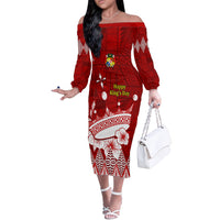 Personalised Tonga King Tupou I Day Off The Shoulder Long Sleeve Dress Tongan Ngatu Pattern With Crown - Wonder Print Shop